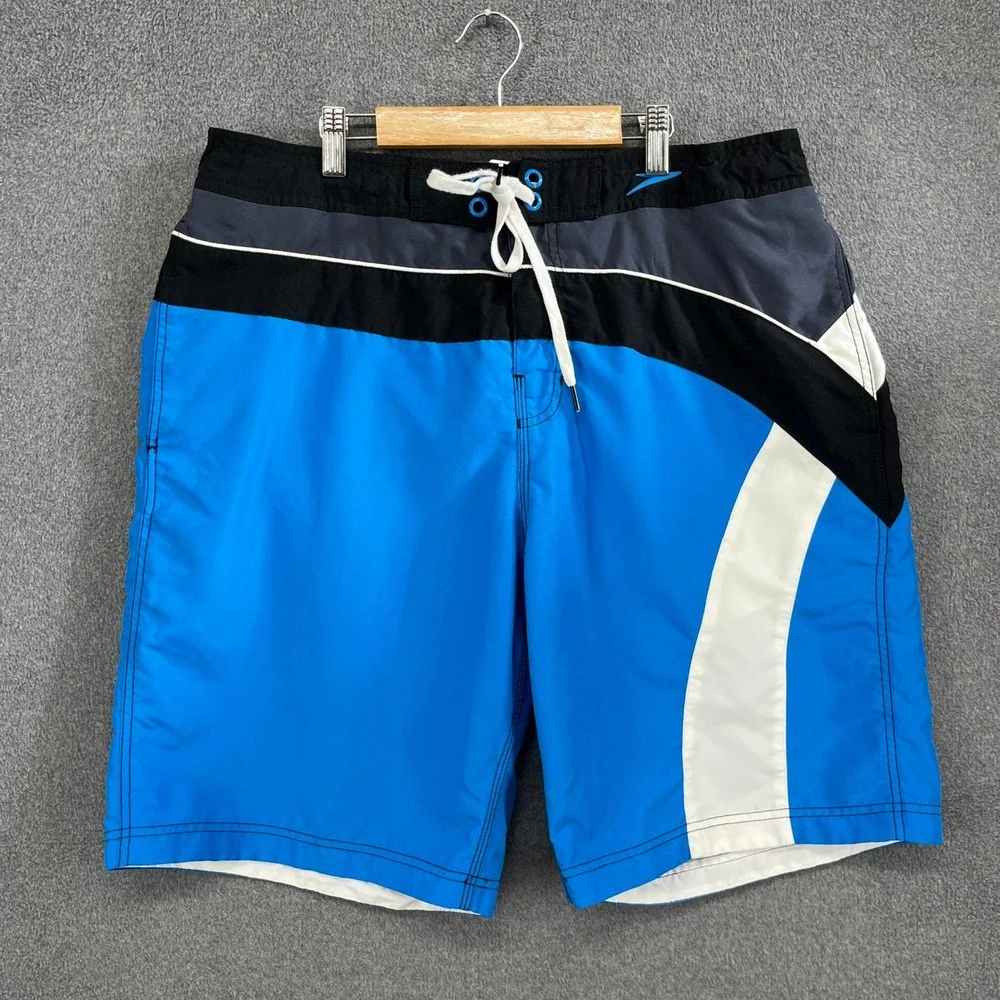 Speedo Mens Swim Trunks Blue Black White Geometric Athletic Size‎ L